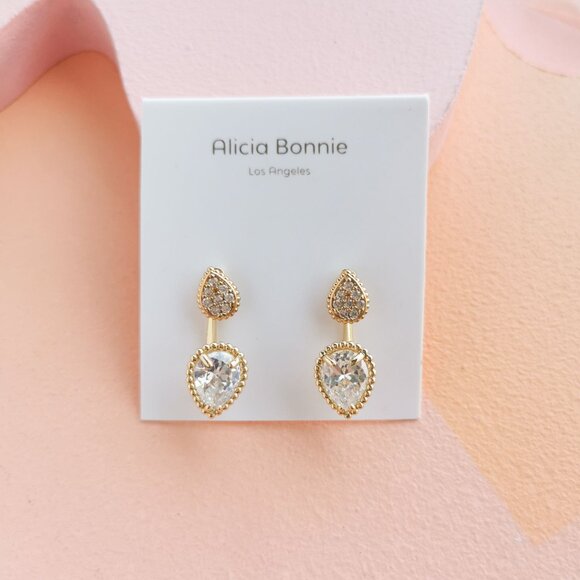 Alicia Bonnie - Dual Elegance White Crystal Gold Ear Jacket Earrings - NEW - Picture 1 of 4